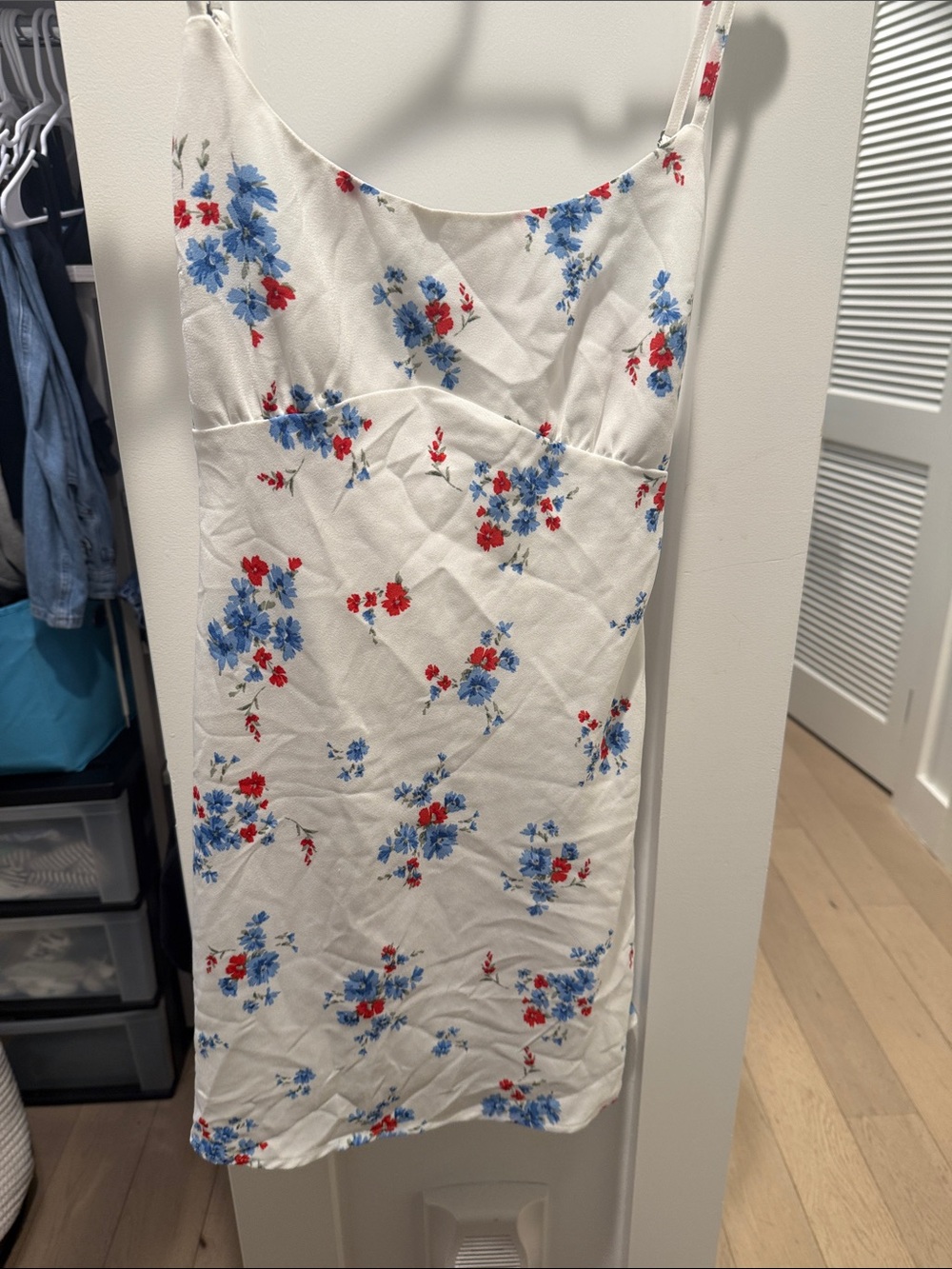 White Floral Slip Dress with Blue & Red Blooms